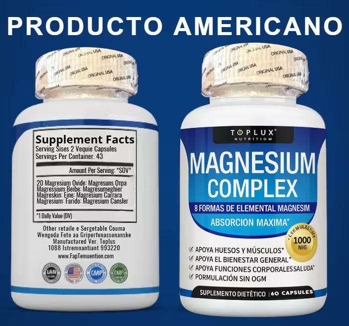 Magnesio Complex ® 8 en 1 Mejora el sueño, reduce el estrés y fortalece músculos y huesos .